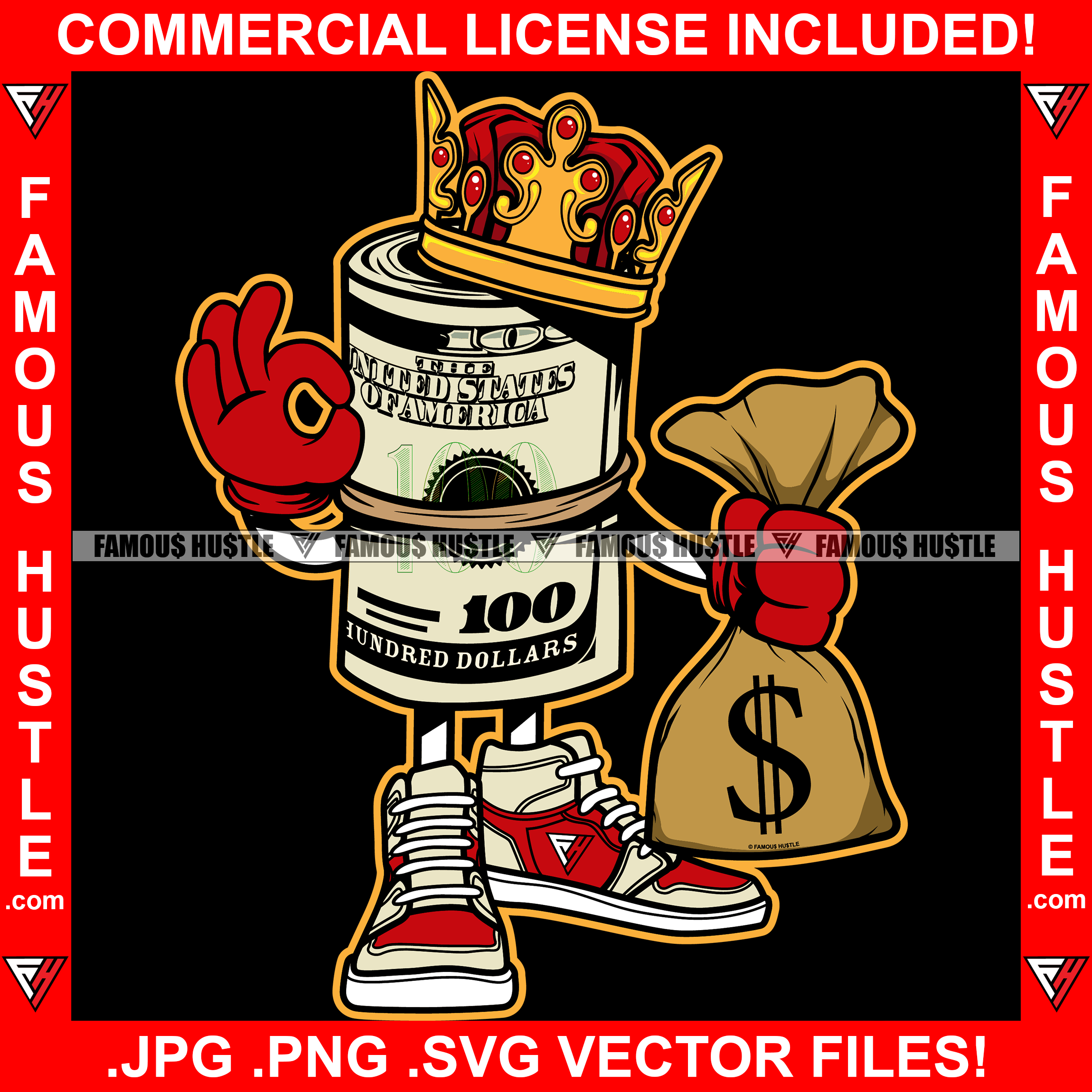 Money King Cartoon Character Cash Bag Crown Sneakers Making OK Okay Hand Sign Signal Gesture Hip Hop Rap Rapper Trap Street Hood Ghetto Swag Thug Hustler Drip Famous Hustle Rich Art Graphic Design Logo T-Shirt Print Printing JPG PNG SVG Vector Cut File
