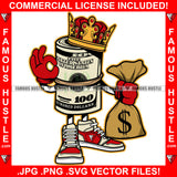 Money King Cartoon Character Cash Bag Crown Sneakers Making OK Okay Hand Sign Signal Gesture Hip Hop Rap Rapper Trap Street Hood Ghetto Swag Thug Hustler Drip Famous Hustle Rich Art Graphic Design Logo T-Shirt Print Printing JPG PNG SVG Vector Cut File