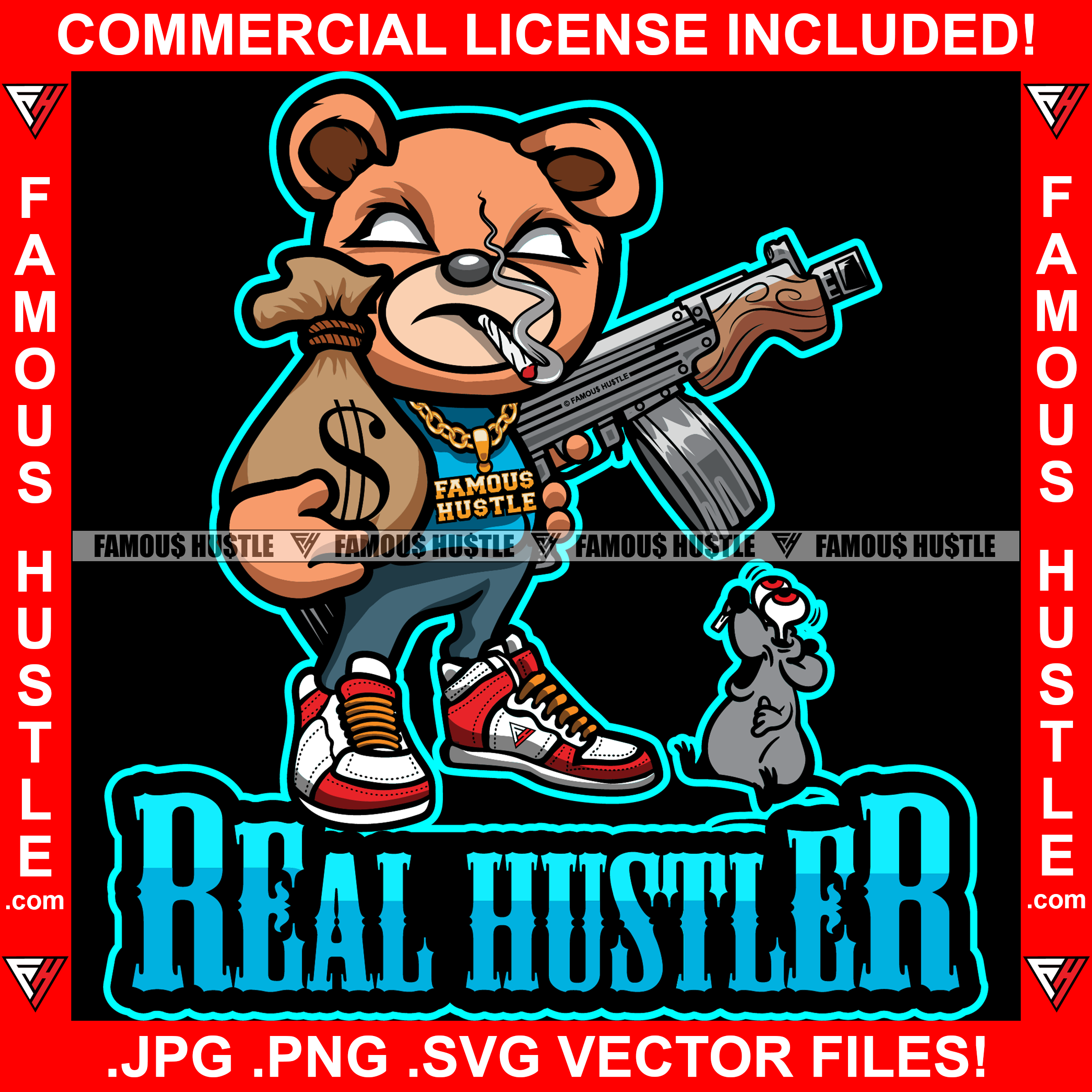Gangster Teddy Bear Smoking Marijuana Joint Blunt Machine Gun Cash Money Bag Gold Chain Scared Rat Hip Hop Rap Drip Trap Street Hood Ghetto Thug Mafia Mob Gang Famous Hustle Quote Art Graphic Design Logo T-Shirt Print Printing JPG PNG SVG Vector Cut File