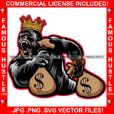 Cash Runner Gangster Gorilla King Crown Money Bags Growling Ape Angry Gold Jewelry Hip Hop Rap Plug Trap Street Ghetto Thug Boss Hustler Drip Savage Trench Famous Hustle Art Graphic Design Logo T-Shirt Print Printing JPG PNG SVG Vector Cut File