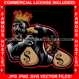 Cash Runner Gangster Gorilla King Crown Money Bags Growling Ape Angry Gold Jewelry Hip Hop Rap Plug Trap Street Ghetto Thug Boss Hustler Drip Savage Trench Famous Hustle Art Graphic Design Logo T-Shirt Print Printing JPG PNG SVG Vector Cut File