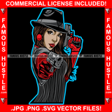 Famous Hustle Sexy Gangster Lady Female Black Dress Hat Red Gloves Pistol Guns Hip Hop Rap Rapper Plug Trap Street Hood Ghetto Swag Thug Hustler Hustling Baller Trapper Art Graphic Design Logo T-Shirt Print Printing JPG PNG SVG Vector Cut File