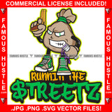 Runnin The Streetz Gangster Money Bag Cartoon Character Dollar Sign Eyes Gold Gun Tattoo Hip Hop Rap Boss Drip Trap Hood Thug Gang Street Mafia Mob Hitman Famous Hustle Quote Art Graphic Design Logo Print Printing Vector SVG Cut File