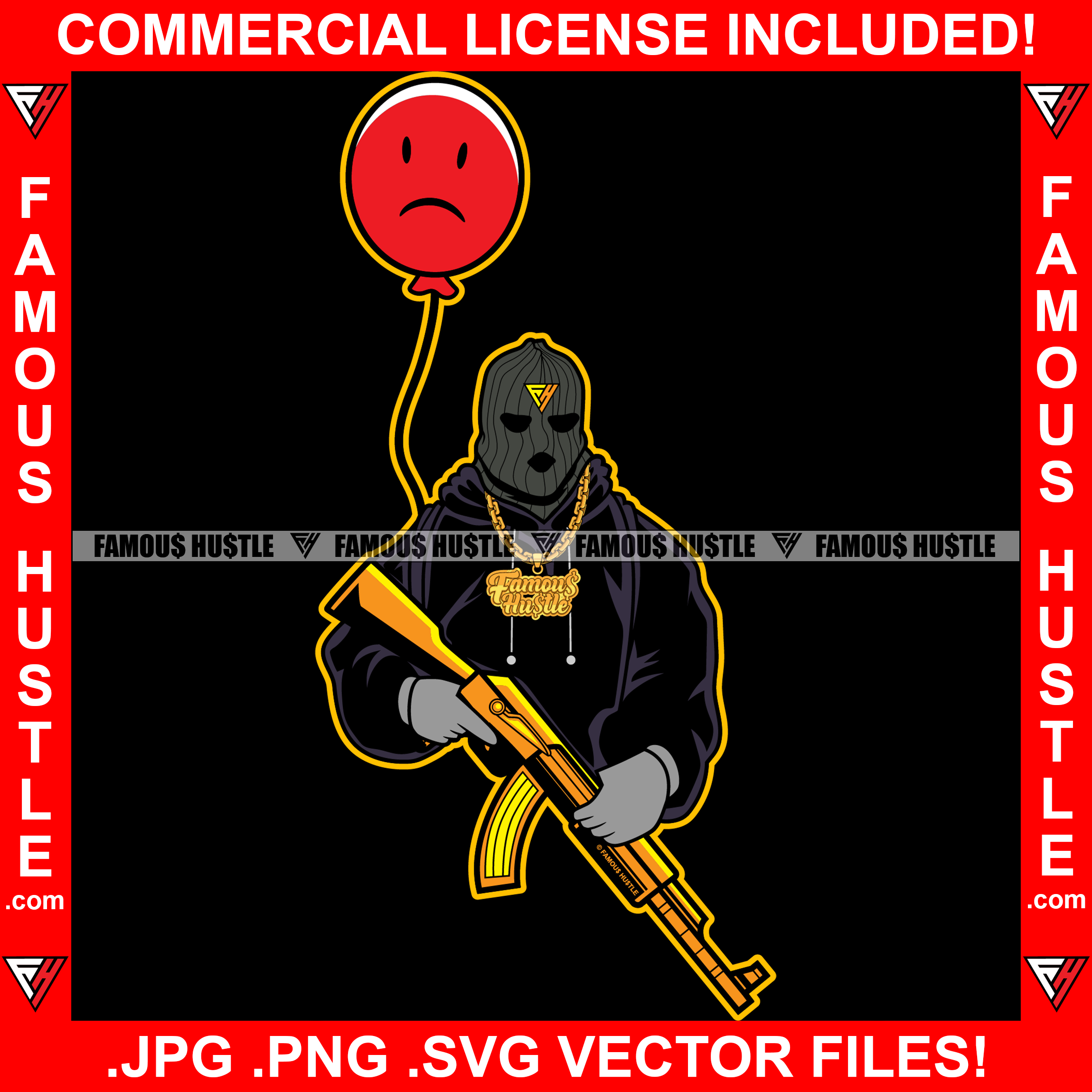 Gangster Black Ski Mask Holding Gold Machine Gun Red Balloon Sad Face Hip Hop Rap Rapper Plug Trap Street Hood Ghetto Swag Thug Hustler Hustling Drip Gang Member Graphic Design Logo T-Shirt Print Printing JPG PNG SVG Vector Cut File