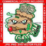 Got Em Money Bag Cartoon Character Cash Head Dollar Sign Eyes Gold Teeth Smoking Cigar Mean Face Tattoo Rapper Plug Trap Street Hood Swag Thug Hustler Hustling Drip Famous Quote Art Graphic Design Logo T-Shirt Print Printing JPG PNG SVG Vector Cut File
