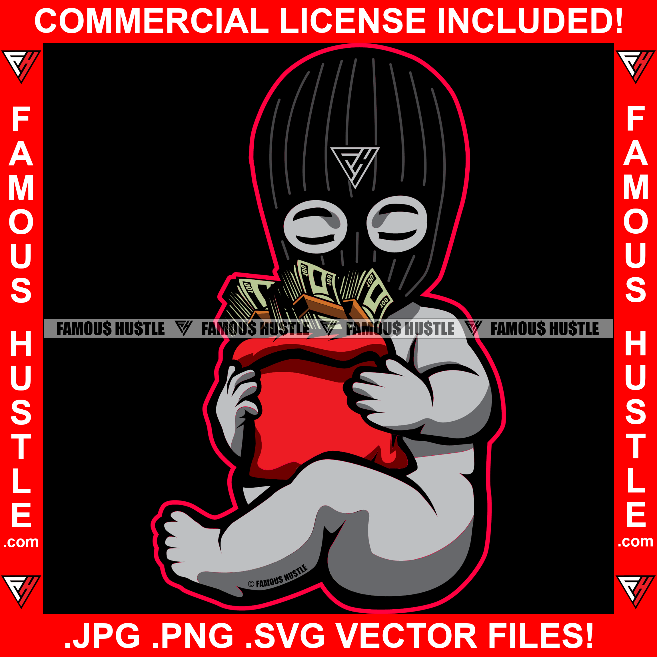 Gangster Baby Statue Ski Mask Closed Eyes Thief Robber Face Holding Cash Money Bag Hip Hop Rap Rapper Plug Trap Street Hood Ghetto Thug Savage Famous Hustle Art Graphic Design Logo T-Shirt Print Printing JPG PNG SVG Vector Cut File