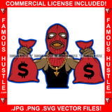 Gangster Money Red Ski Mask Two Cash Money Bags Gold Teeth Jewelry Hip Hop Rap Rapper Plug Trap Street Hood Ghetto Swag Thug Hustling Flex Drip Famous Hustler Art Graphic Design Logo T-Shirt Print Printing JPG PNG SVG Vector Cut File