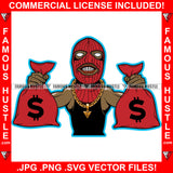 Gangster Money Red Ski Mask Two Cash Money Bags Gold Jewelry Hip Hop Rap Rapper Plug Trap Street Hood Ghetto Swag Thug Hustling Flex Drip Famous Hustler Art Graphic Design Logo T-Shirt Print Printing JPG PNG SVG Vector Cut File