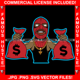 Gangster Money Red Ski Mask Two Cash Money Bags Gold Jewelry Hip Hop Rap Rapper Plug Trap Street Hood Ghetto Swag Thug Hustling Flex Drip Famous Hustler Art Graphic Design Logo T-Shirt Print Printing JPG PNG SVG Vector Cut File