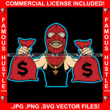 Gangster White Man Red Ski Mask Two Cash Money Bags Gold Jewelry Hip Hop Rap Rapper Plug Trap Street Hood Ghetto Swag Thug Hustling Flex Drip Famous Hustler Art Graphic Design Logo T-Shirt Print Printing JPG PNG SVG Vector Cut File