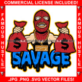 Savage Gangster White Man Red Ski Mask Two Cash Money Bags Gold Jewelry Hip Hop Rap Rapper Plug Trap Street Hood Ghetto Swag Thug Hustling Flex Drip Famous Hustler Quote Art Graphic Design Logo T-Shirt Print Printing JPG PNG SVG Vector Cut File