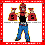 Runnin' The Streetz Gangster White Man Red Ski Mask Two Cash Money Bags Saggy Pant Hip Hop Rap Rapper Plug Trap Street Hood Ghetto Swag Thug Hustling Flex Drip Famous Hustler Art Graphic Design Logo T-Shirt Print Printing JPG PNG SVG Vector Cut File