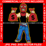 Runnin' The Streetz Gangster White Man Red Ski Mask Two Cash Money Bags Saggy Pant Hip Hop Rap Rapper Plug Trap Street Hood Ghetto Swag Thug Hustling Flex Drip Famous Hustler Art Graphic Design Logo T-Shirt Print Printing JPG PNG SVG Vector Cut File