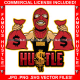 Hustle Gangster Black Man Red Ski Mask Two Cash Money Bags Gold Necklace Hip Hop Rap Rapper Plug Trap Street Hood Ghetto Swag Thug Hustling Flex Drip Famous Hustler Quote Art Graphic Design Logo T-Shirt Print Printing JPG PNG SVG Vector Cut File