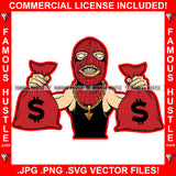 Gangster White Man Red Ski Mask Two Cash Money Bags Gold Jewelry Hip Hop Rap Rapper Plug Trap Street Hood Ghetto Swag Thug Hustling Flex Drip Famous Hustler Art Graphic Design Logo T-Shirt Print Printing JPG PNG SVG Vector Cut File