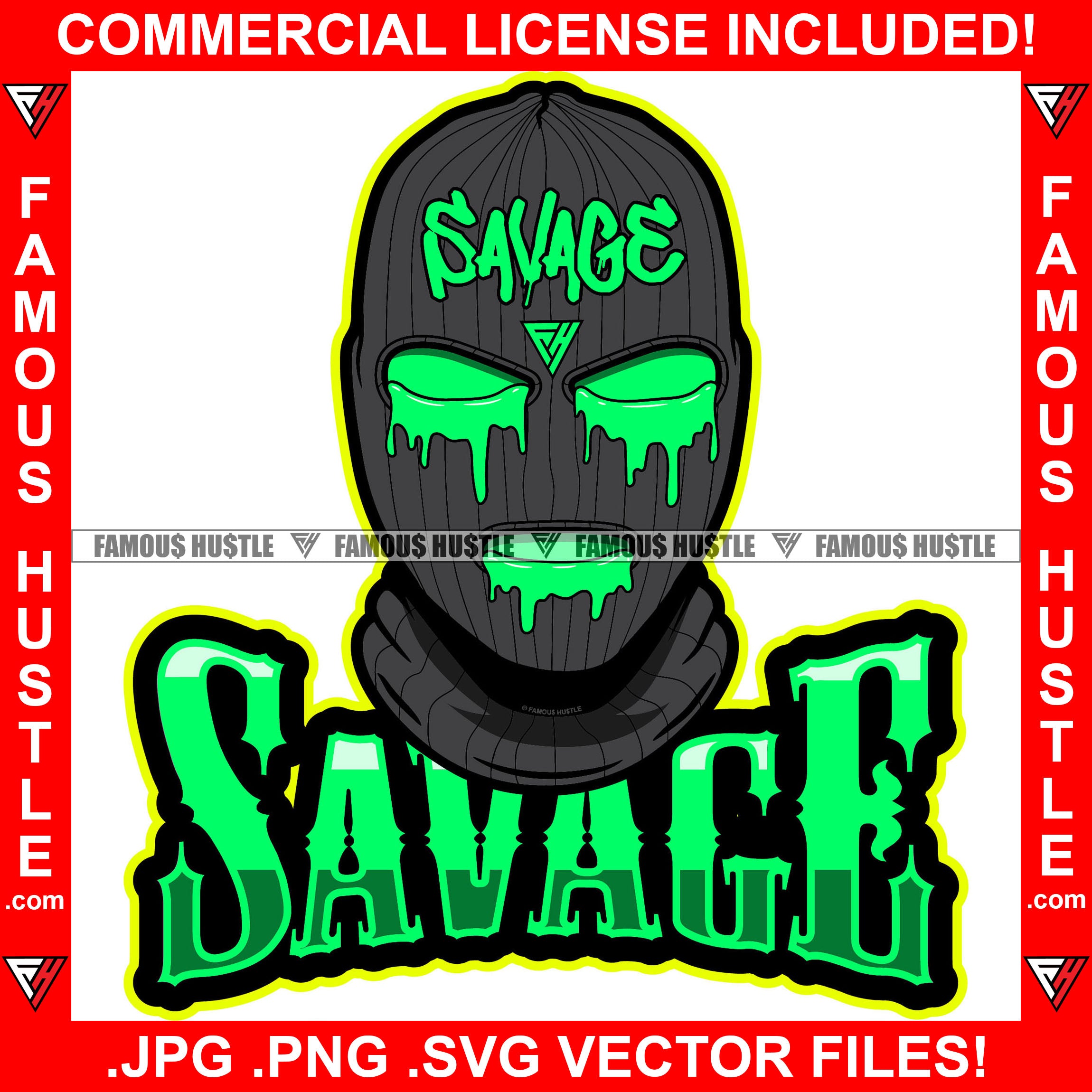 Savage Gangster Ski Mask Gold Jewelry Green Slime Dripping From Eyes & Mouth Hip Hop Rap Rapper Plug Trap Street Hood Ghetto Thug Hustling Drip Demon Trapper Famous Hustle Art Quote Graphic Design Logo T-Shirt Print Printing JPG PNG SVG Vector Cut File