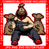 The Hustle Money Bag Cartoon Skull Hooded Face Mask Cash Bags Machine Gun Disc Magazine Gang Member Hip Hop Rap Rapper Street Hood Ghetto Swag Thug Boss Hustler Drip Famous Art Graphic Design Logo T-Shirt Print Printing JPG PNG SVG Vector Cut File