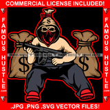 The Hustle Money Bag Cartoon Skull Hooded Face Mask Cash Bags Machine Gun Disc Magazine Gang Member Hip Hop Rap Rapper Street Hood Ghetto Swag Thug Boss Hustler Drip Famous Art Graphic Design Logo T-Shirt Print Printing JPG PNG SVG Vector Cut File