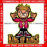 King Of Kings Famous Hustle Gangster Teddy Bear White Eyes Gold Jewelry Smoking Marijuana Pot Joint Blunt Cigar Cash Money Bags Drip Plug Trap Hood Rapper Trapper Hustling Quote Art Graphic Design Logo T-Shirt Print Printing JPG PNG SVG Vector Cut File