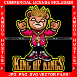 King Of Kings Famous Hustle Gangster Teddy Bear White Eyes Gold Jewelry Smoking Marijuana Pot Joint Blunt Cigar Cash Money Bags Drip Plug Trap Hood Rapper Trapper Hustling Quote Art Graphic Design Logo T-Shirt Print Printing JPG PNG SVG Vector Cut File