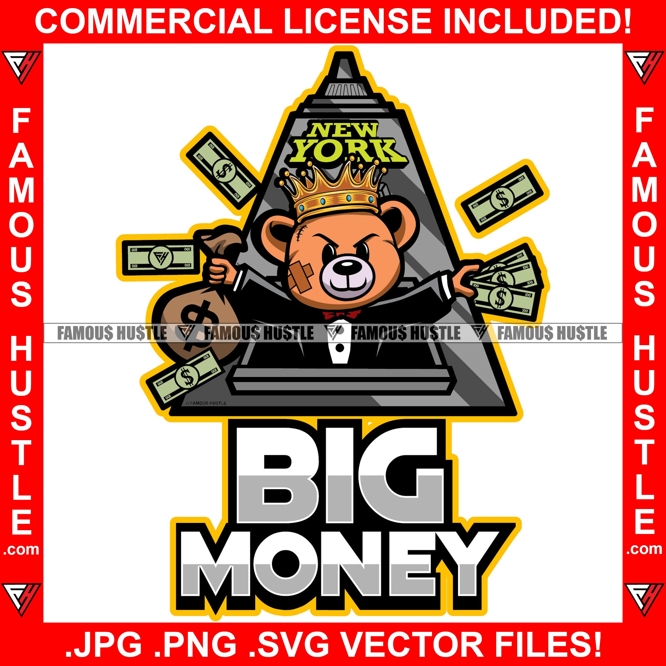 Big Money Stockbroker Investor Teddy Bear Investing Money Bag Crown In New York Famous Hustle Hip Hop Rap Trap Street Hood Swag Wallstreet Rich Grind Hustler Hustling Drip Quote Art Graphic Design Logo T-Shirt Print Printing JPG PNG SVG Vector Cut File