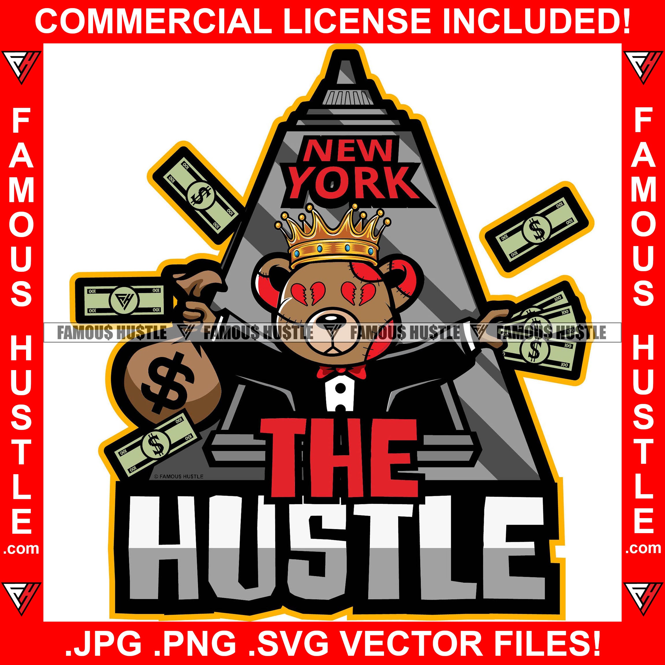 The Hustle Stockbroker Investor Teddy Bear Broken Heart Eyes Investing Money Bag Crown In New York Famous Rap Trap Street Hood Swag Wallstreet Rich Grind Hustler Hustling Quote Art Graphic Design Logo T-Shirt Print Printing JPG PNG SVG Vector Cut File