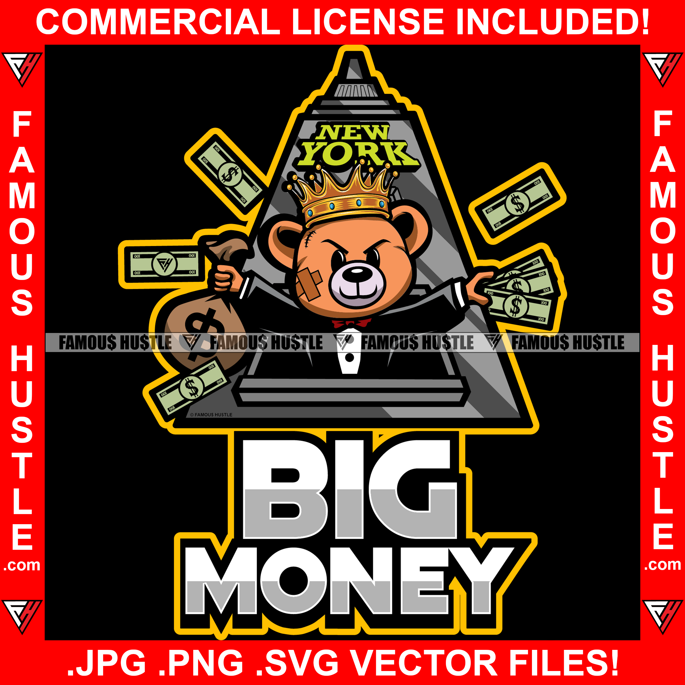 Big Money Stockbroker Investor Teddy Bear Investing Money Bag Crown In New York Famous Hustle Hip Hop Rap Trap Street Hood Swag Wallstreet Rich Grind Hustler Hustling Drip Quote Art Graphic Design Logo T-Shirt Print Printing JPG PNG SVG Vector Cut File