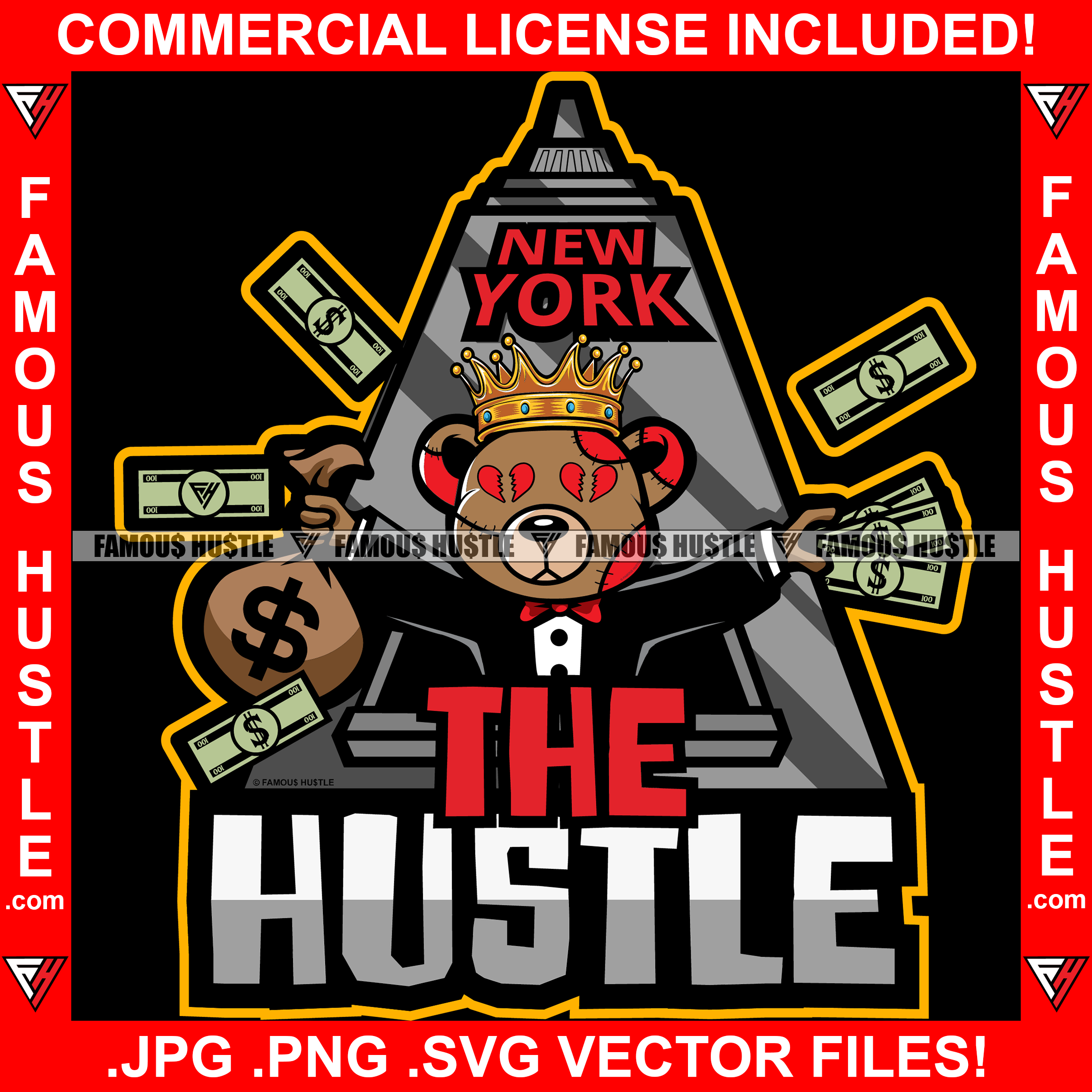 The Hustle Stockbroker Investor Teddy Bear Broken Heart Eyes Investing Money Bag Crown In New York Famous Rap Trap Street Hood Swag Wallstreet Rich Grind Hustler Hustling Quote Art Graphic Design Logo T-Shirt Print Printing JPG PNG SVG Vector Cut File