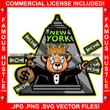 Stockbroker Investor Teddy Bear Dollar Sign Eyes Investing Money Bag Crown In New York Famous Hustle Hip Hop Rap Trap Street Hood Swag Wallstreet Rich Grind Hustler Hustling Drip Art Graphic Design Logo T-Shirt Print Printing JPG PNG SVG Vector Cut File