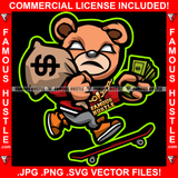 Born In The Streets Famous Hustle Gangster Teddy Bear White Eyes Gold Jewelry Skateboard Smoking Pot Joint Blunt Cigar Cash Money Bags Drip Plug Trap Rapper Trapper Hustling Art Graphic Design Logo T-Shirt Print Printing JPG PNG SVG Vector Cut File