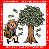 Famous Hustle Teddy Bear King Picking Money Off Money Tree Into Cash Bag Hip Hop Rap Rapper Plug Trap Street Hood Ghetto Swag Thug Hustler Hustling Drip Savage Boss Famous Rich Art Graphic Design Logo T-Shirt Print Printing JPG PNG SVG Vector Cut File