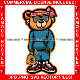 Money Bag Gangster Teddy Bear Head Bandanna Black Glasses Cash Gold Dollar Sign Earrings Thug Hip Hop Rap Plug Trap Street Hood Ghetto Swag Thug Famous Hustle Baller Trapper Art Graphic Design Logo T-Shirt Print Printing JPG PNG SVG Vector Cut File