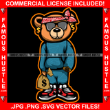 Money Bag Gangster Teddy Bear Head Bandanna Black Glasses Cash Gold Dollar Sign Earrings Thug Hip Hop Rap Plug Trap Street Hood Ghetto Swag Thug Famous Hustle Baller Trapper Art Graphic Design Logo T-Shirt Print Printing JPG PNG SVG Vector Cut File