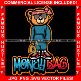 Money Bag Gangster Teddy Bear Head Bandanna Black Glasses Cash Gold Dollar Sign Earrings Thug Hip Hop Rap Plug Trap Street Hood Ghetto Swag Thug Famous Hustle Baller Trapper Quote Art Graphic Design Logo T-Shirt Print Printing JPG PNG SVG Vector Cut File