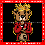 Hustle Teddy Bear King Dollar Sign Eyes Suit Crown Money Bag Shhh Finger Hip Hop Rap Rapper Plug Trap Street Hood Ghetto Thug Hustler Hustling Drip Savage Boss Famous Hustle Rich Art Graphic Design Logo T-Shirt Print Printing JPG PNG SVG Vector Cut File