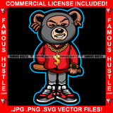 Famous Hustle Gangster Teddy Bear Ski Mask Baseball Bat Gold Dollar Sign Necklace Jewelry Mean Face Hip Hop Rap Rapper Street Hood Ghetto Swag Thug Hustler Hustling Trapper Art Graphic Design Logo T-Shirt Print Printing JPG PNG SVG Vector Cut File