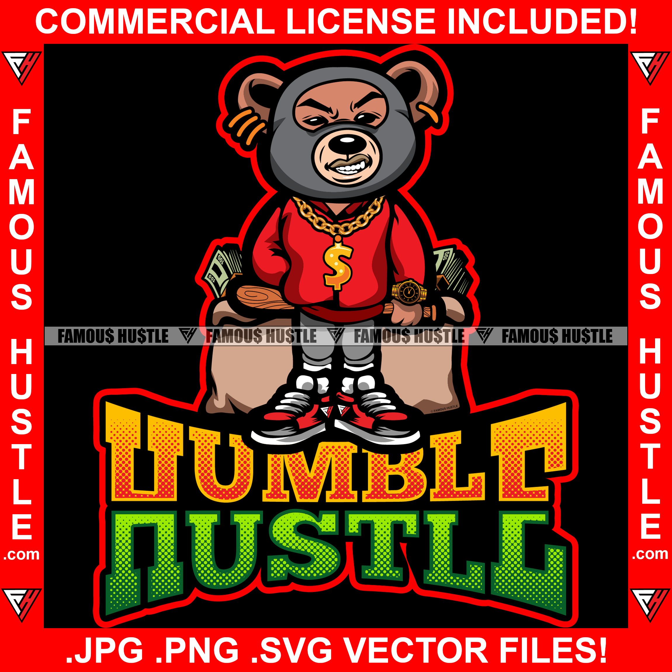 Humble Hustle Gangster Teddy Bear Ski Mask Baseball Bat Cash Money Bag ...