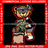 Money Magnet Gangster Teddy Bear Head Bandanna Sunglasses Cash Money Filling In Bag Thug Gold Necklace Jewelry Hustler Hustling Mafia Mob Trap Rapper Dope Baller Rich Art Graphic Design Logo T-Shirt Print Printing JPG PNG SVG Vector Cut File