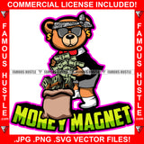 Money Magnet Gangster Teddy Bear Head Bandanna Sunglasses Cash Money Filling In Bag Thug Gold Necklace Jewelry Hustler Hustling Mafia Mob Trap Rapper Dope Baller Rich Quote Art Graphic Design Logo T-Shirt Print Printing JPG PNG SVG Vector Cut File