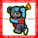 Fire On Angry Gangster Teddy Bear Running While Holding Molotov Cocktail Fire Bottle Bomb Hip Hop Rap Trap Street Hood Ghetto Thug Hustler Hustling Flex Drip Savage Famous Hustle Art Graphic Design Logo Print Printing Vector SVG Cut File