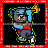 Fire On Angry Gangster Teddy Bear Running While Holding Molotov Cocktail Fire Bottle Bomb Hip Hop Rap Trap Street Hood Ghetto Thug Hustler Hustling Flex Drip Savage Famous Hustle Art Graphic Design Logo Print Printing Vector SVG Cut File