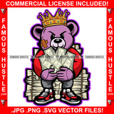 Money Talks Gangster Teddy Bear King Scar Face Crown Holding Cash Money Stack In Both Hands Low Pants Tattoo Hip Hop Rap Hustler Famous Hustle Art Graphic Design Logo T-Shirt Print Printing JPG PNG SVG Vector Cut File