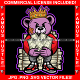 Money Talks Gangster Teddy Bear King Scar Face Crown Holding Cash Money Stack In Both Hands Low Pants Tattoo Hip Hop Rap Hustler Famous Hustle Art Graphic Design Logo T-Shirt Print Printing JPG PNG SVG Vector Cut File