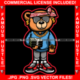 Money Never Sleeps Gangster Teddy Bear Head Bandanna Black Glasses Cash Bundle Dollar Sign Earrings Thug Hitman Gold Necklace Jewelry Hustler Hustling Mafia Mob Trap Trapper Art Graphic Design Logo T-Shirt Print Printing JPG PNG SVG Vector Cut File
