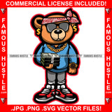 Money Never Sleeps Gangster Teddy Bear Head Bandanna Black Glasses Cash Bundle Dollar Sign Earrings Thug Hitman Gold Necklace Jewelry Hustler Hustling Mafia Mob Trap Trapper Art Graphic Design Logo T-Shirt Print Printing JPG PNG SVG Vector Cut File