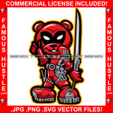 Dead Bear Gangster Teddy Bear Wearing Red Suit Costume Eye Mask Sword Mean Face Hip Hop Street Hood Ghetto Thug Hustler Hustling Drip Dripping Savage Famous Hustle Art Graphic Design Print Printing Vector SVG Cut File