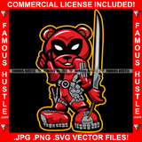 Dead Bear Gangster Teddy Bear Wearing Red Suit Costume Eye Mask Sword Mean Face Hip Hop Street Hood Ghetto Thug Hustler Hustling Drip Dripping Savage Famous Hustle Art Graphic Design Print Printing Vector SVG Cut File