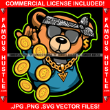Famous Hustle Dripping Gangster Teddy Bear Head Bandanna Black Glasses Dollar Sign Earrings Gold Jewelry Coins Hip Hop Rap Rapper Street Hood Ghetto Swag Thug Hustler Trapper Art Graphic Design Logo T-Shirt Print Printing JPG PNG SVG Vector Cut File