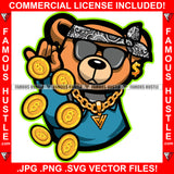 Famous Hustle Dripping Gangster Teddy Bear Head Bandanna Black Glasses Dollar Sign Earrings Gold Jewelry Coins Hip Hop Rap Rapper Street Hood Ghetto Swag Thug Hustler Trapper Art Graphic Design Logo T-Shirt Print Printing JPG PNG SVG Vector Cut File