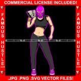 Sexy Gangster White Lady Female Pink Ski Mask Sexy Dress Money Stack In Hands Sneakers Gold Jewelry Hip Hop Rap Plug Trap Street Hood Ghetto Hustler Hustling Drip Rich Thug Famous Hustle Art Graphic Design Logo Print Printing Vector SVG Cut File